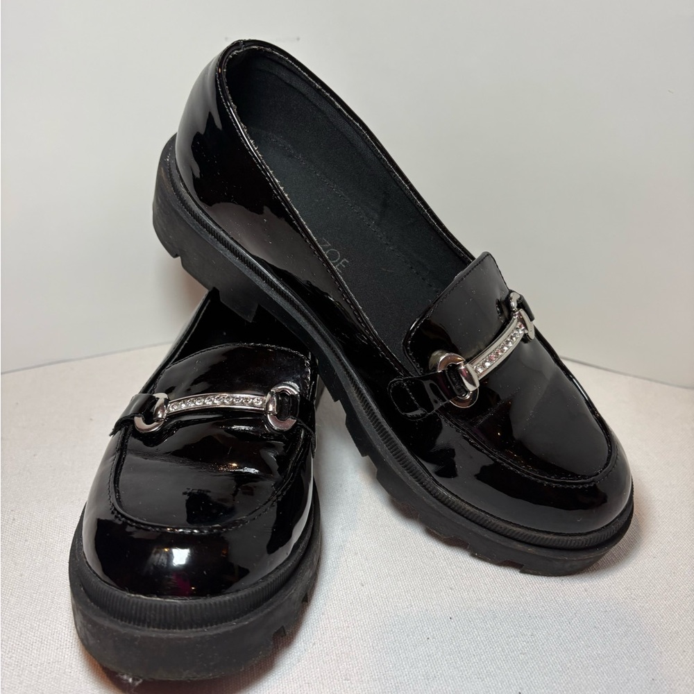 Kids Black Patent Loafers with Silver Detail